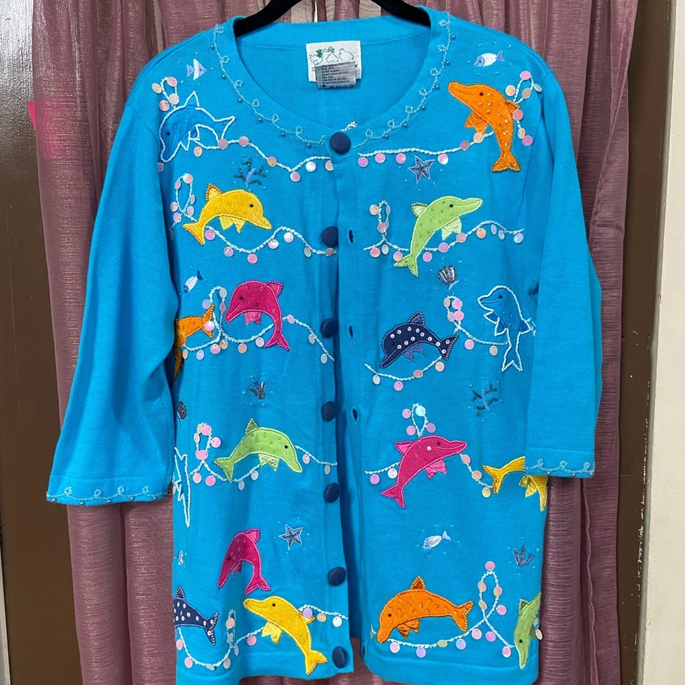Vintage Colorful Dolphin Embroidered Cardigan Shirt